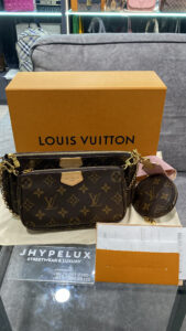 LV Bag Brown Monogram Multi Pochette with Pink Strap