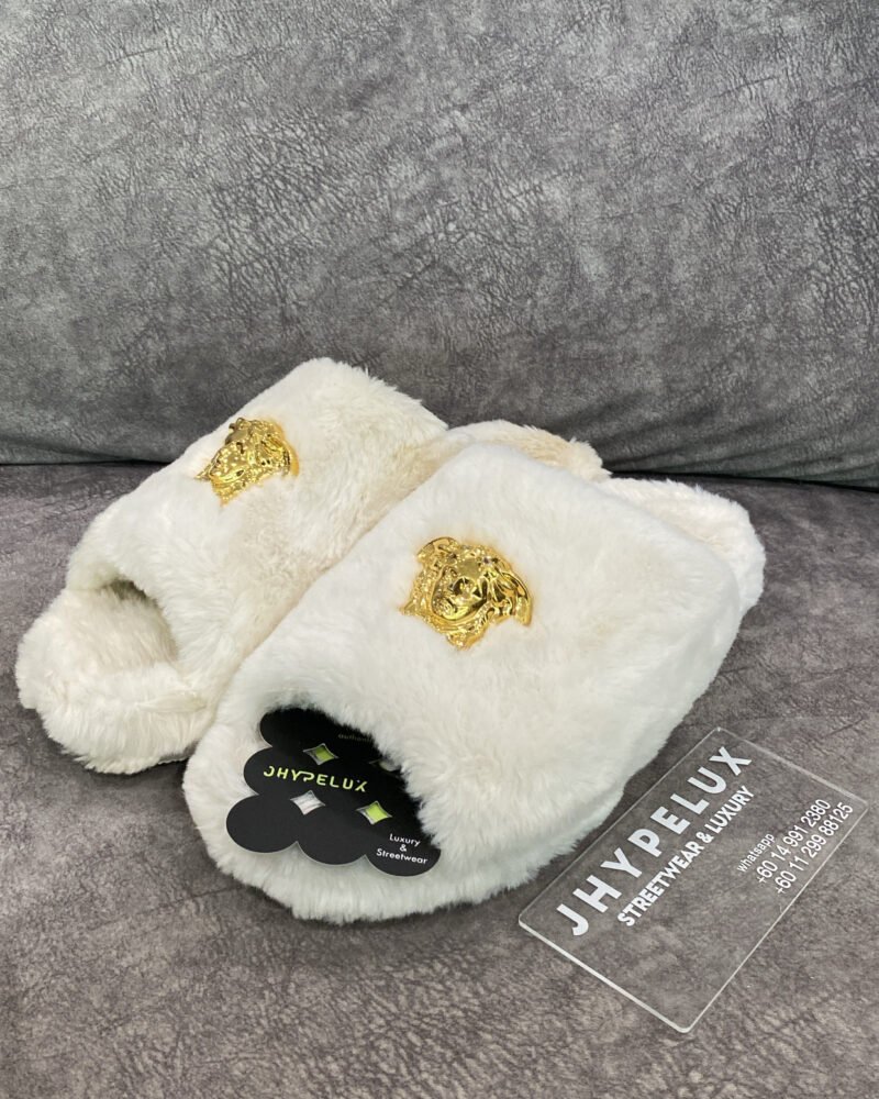 Versace Slide Slippers Fur Palazzo White Gold