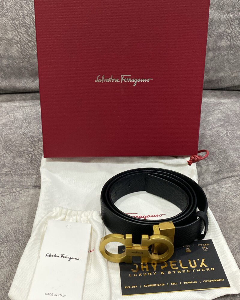 Ferragamo Black/ Reversible Gancini Belt Calf in GHW