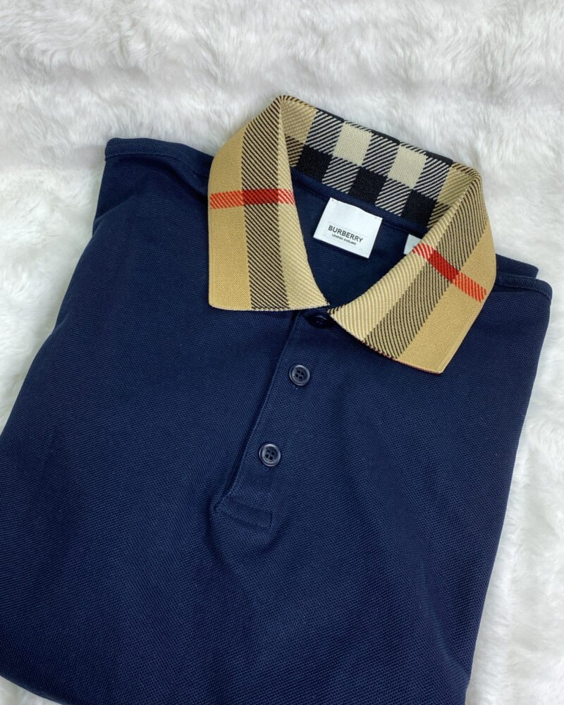 Burberry Navy cotton pique Polo with checkered collar logo