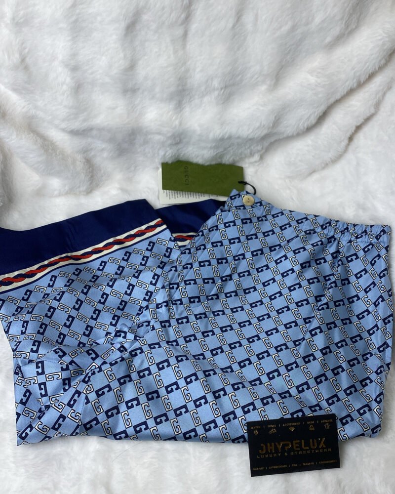 Gucci Geometric Square G Print Blue Silk Shorts
