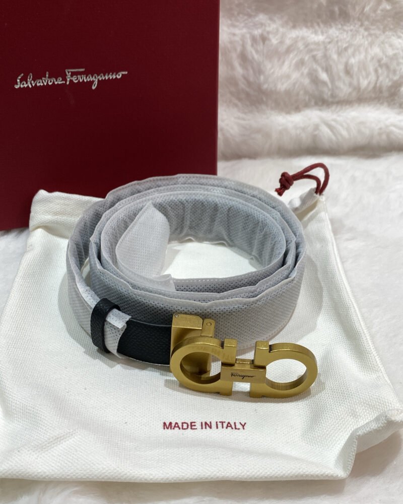 Ferragamo Black Reversible Gancini Belt Calf in GHW