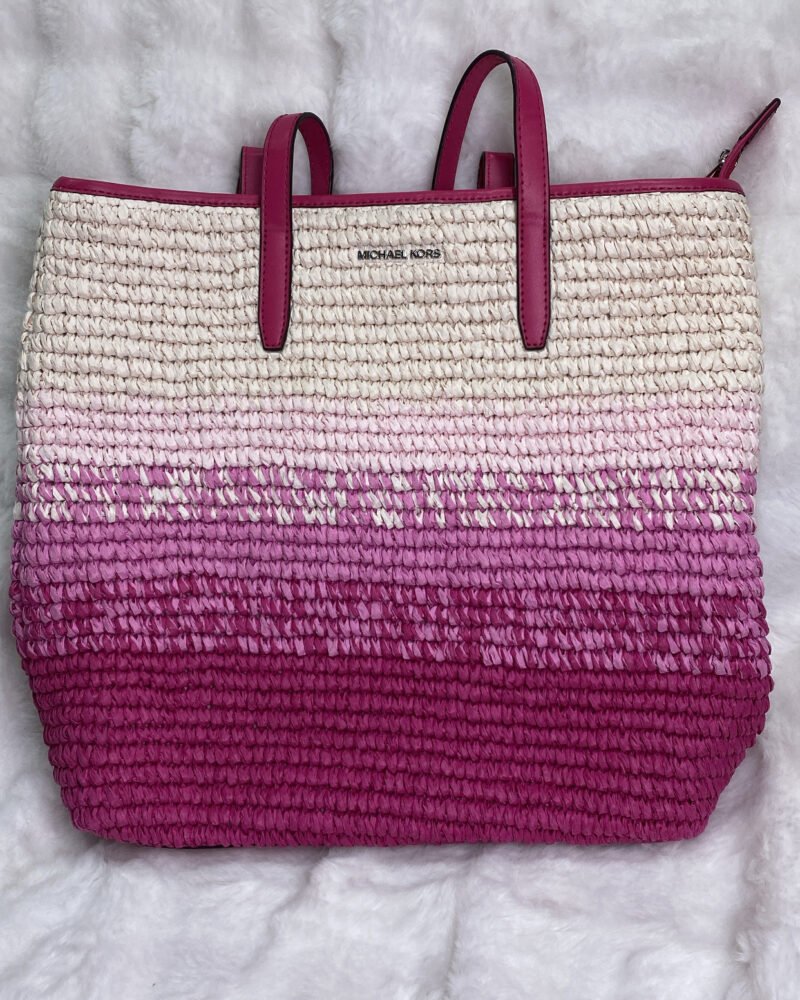 Michael Kors Pratt Large Omber Straw Tote Bag in Dragonfruit