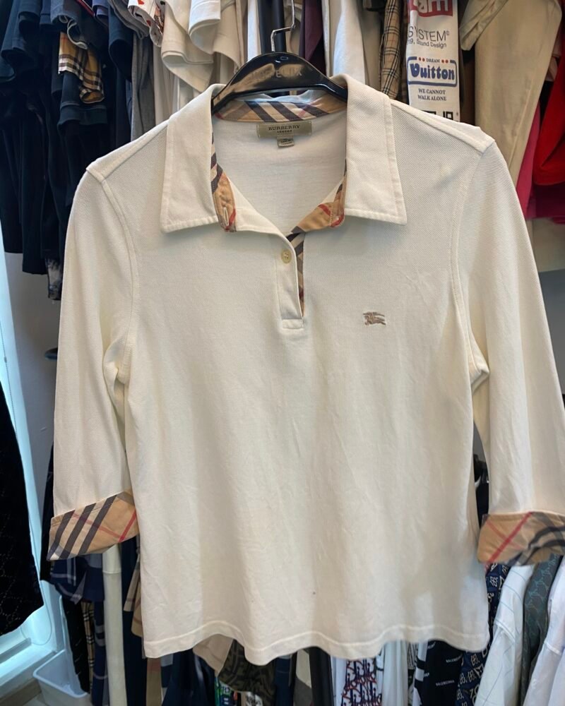 Burberry Sweater White Polo with Checkered Sleev