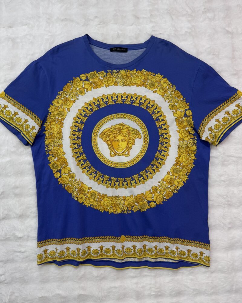 Versace Baroque Print Tee in Blue and Gold Medusa