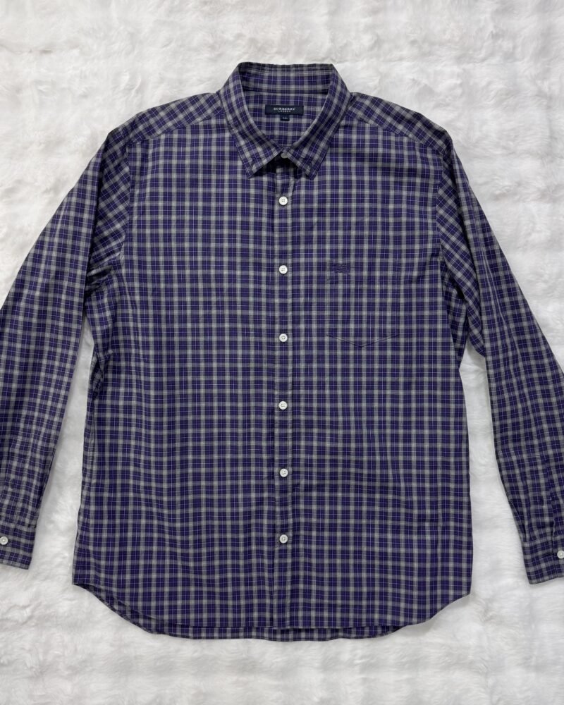 Burberry Purple and Grey Plaid Button Shirt with logo embroidery on chest pocket