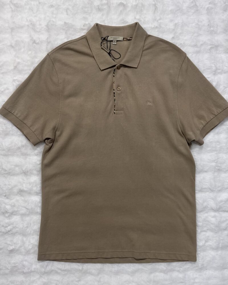 Burberry Khaki Check Trim Polo with checkered on middle placket