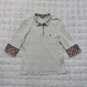 Burberry Sweater White L/S Polo with Checkered Sleeve