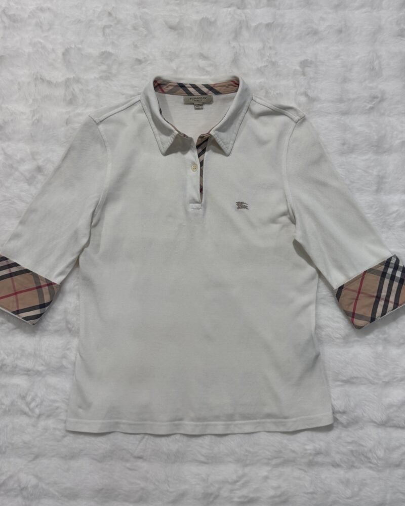 Burberry Sweater White L/S Polo with Checkered Sleeve