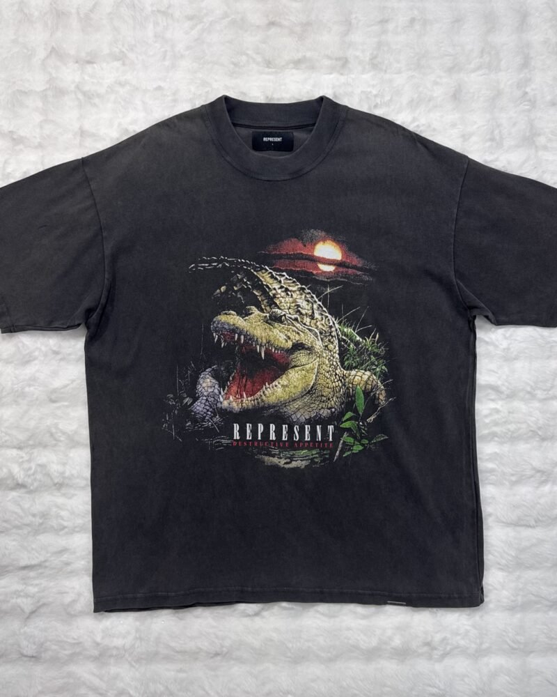 Represent "Destructive Appetite" Crocodile Distressed Grey Tee
