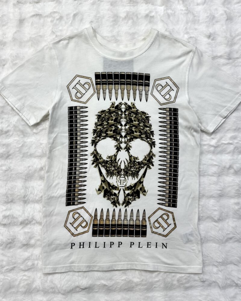 Philipp Plein White Graphic Skull with four PP Logo Tee