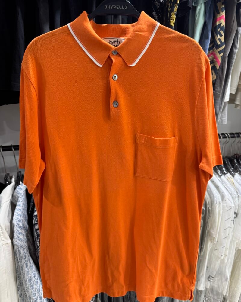 Hermes H Embroidered Buttoned Polo in Orange cotton pique