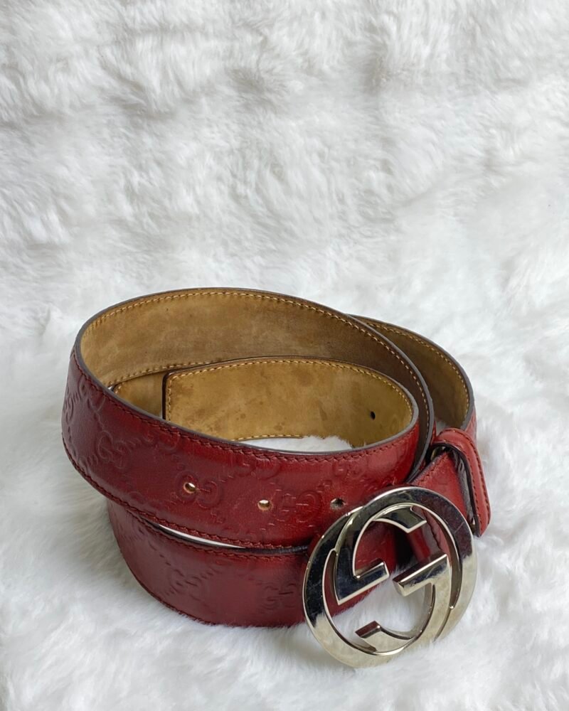 Gucci Red Belt Guccissima Small Logo with Interlock SHW