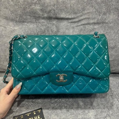 Chanel Classic Flap Patent Jumbo Turquoise Bag
