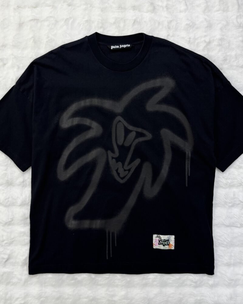 Palm Angels Graffiti-Print tonal spray palm tree Black Tee