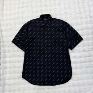 Balenciaga Shirt Black S/S Poplin Allover White Logo