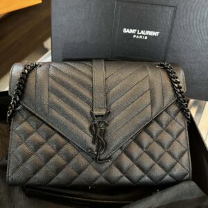 YSL Bag Black Medium Envelope in Quilted Grain De Poudre Embossed Leather